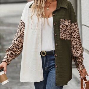 SHEIN Olive & Cream Waffle Knit Utility Shacket with Leopard Trim